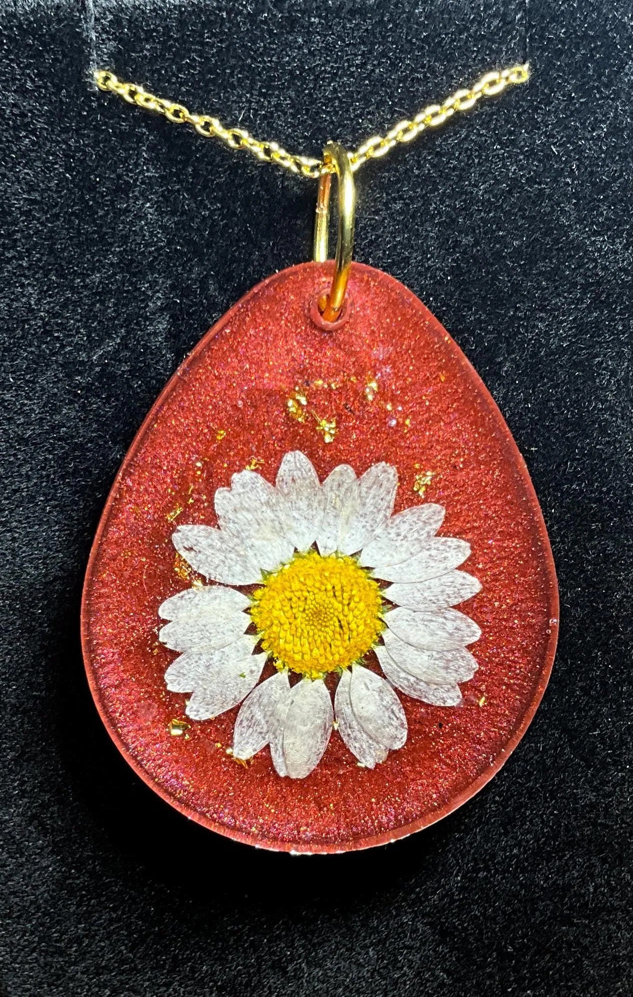 Bold Daisy Necklace – Dual Sided Pendant with Red and Gold