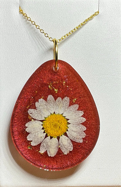 Bold Daisy Necklace – Dual Sided Pendant with Red and Gold