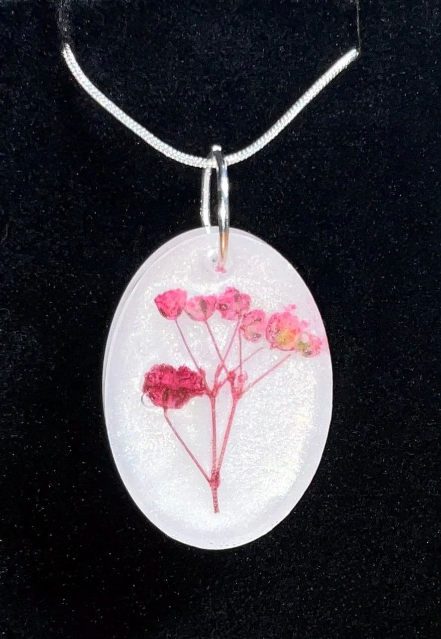 Dark Pink Pressed Flower Necklace White Back